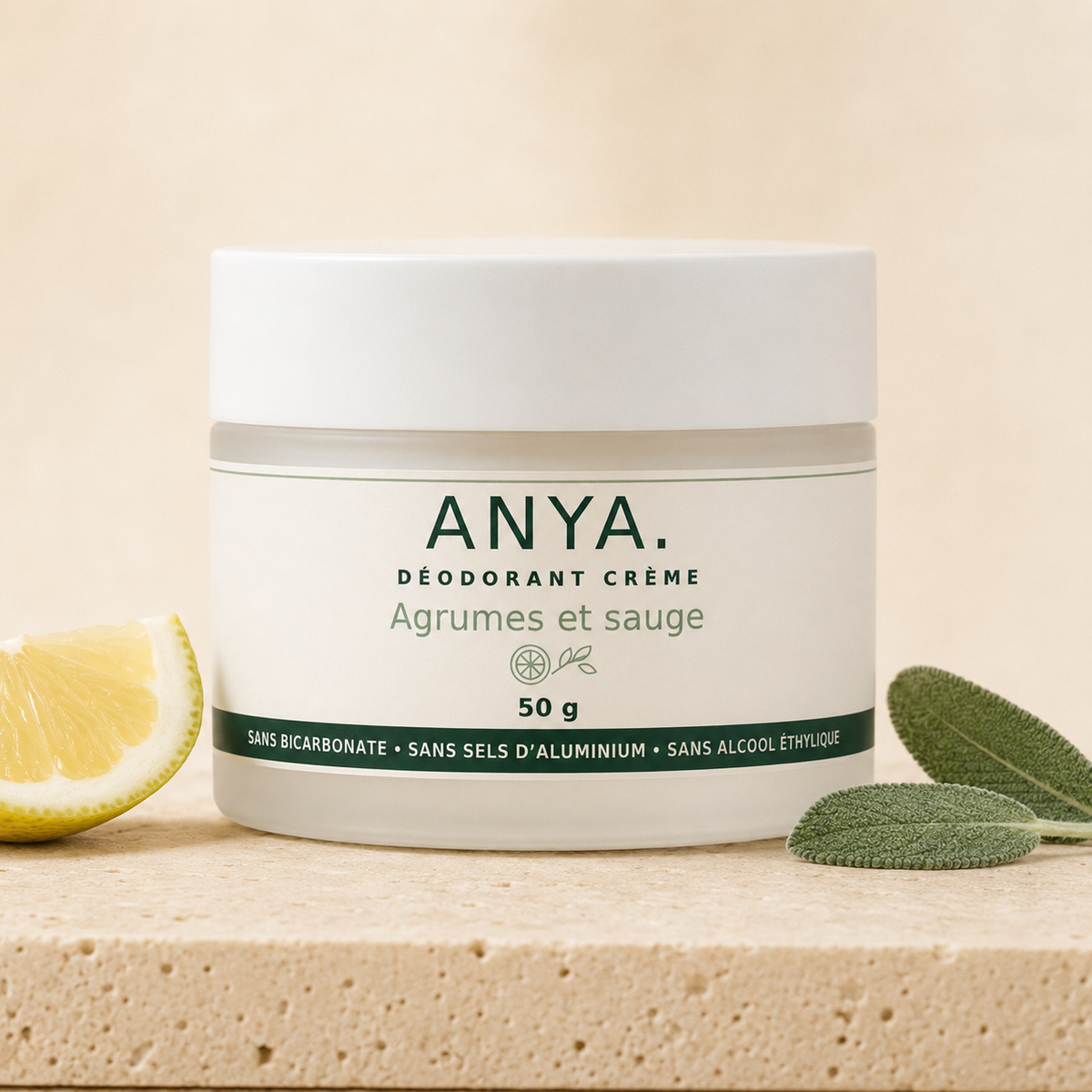 
مزيل العرق الكريمي ANYA. الحمضيات والميرمية بحجم 50 غ، من الأمام