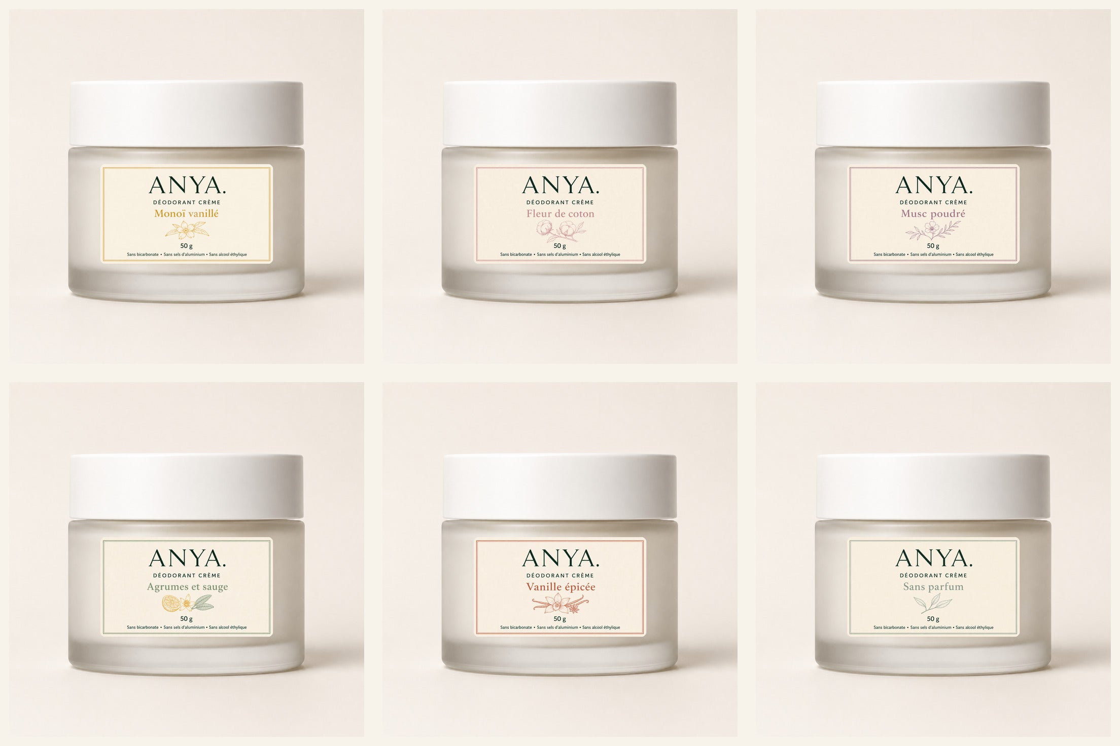 Les six parfums du déodorant crème naturel ANYA. au format 50 g